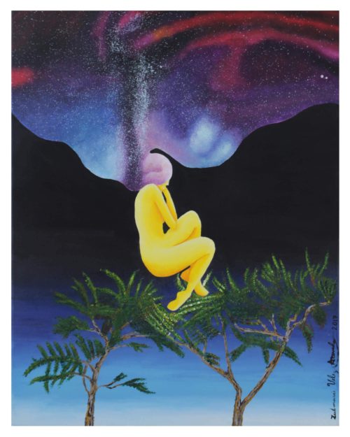 Print of a yellow woman levitating in seating position over two trees with aurora borealis on the horizon emerging from dark mountains by Zulmarie Vélez Acevedo