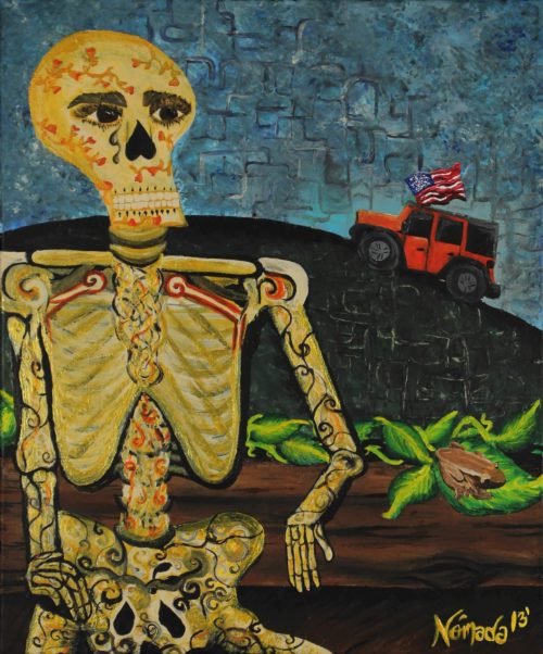 Acrylic painting of live skeleton with a grim scenery on background symbolizing lost hope by Nómada