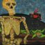 Acrylic painting of live skeleton with a grim scenery on background symbolizing lost hope by Nómada