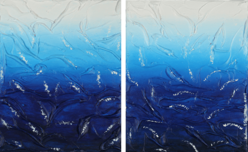 Acrylic painting of foam over blue/white water by Zulmarie Vélez Acevedo