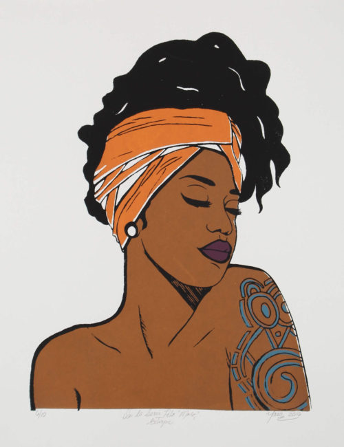 Serigraph of portrait of dark skin woman with orange turban and shoulder tattoo by Yarie Vega