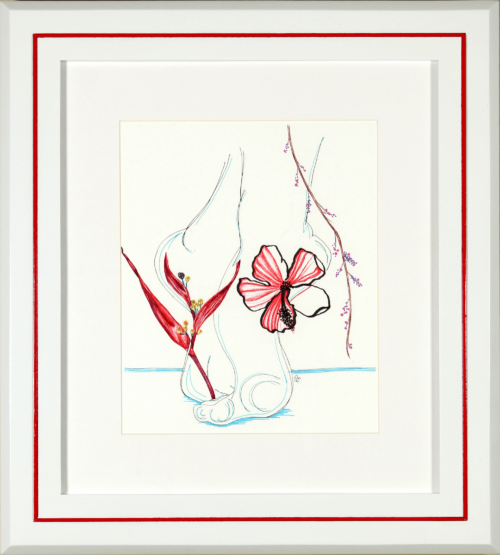 Graphite and marker drawing of bared ballerina feet adorned by flowers by Nichole Ortiz