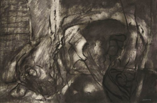 Drawing with carbon and encaustic about fluids by Diógenes Ballester.