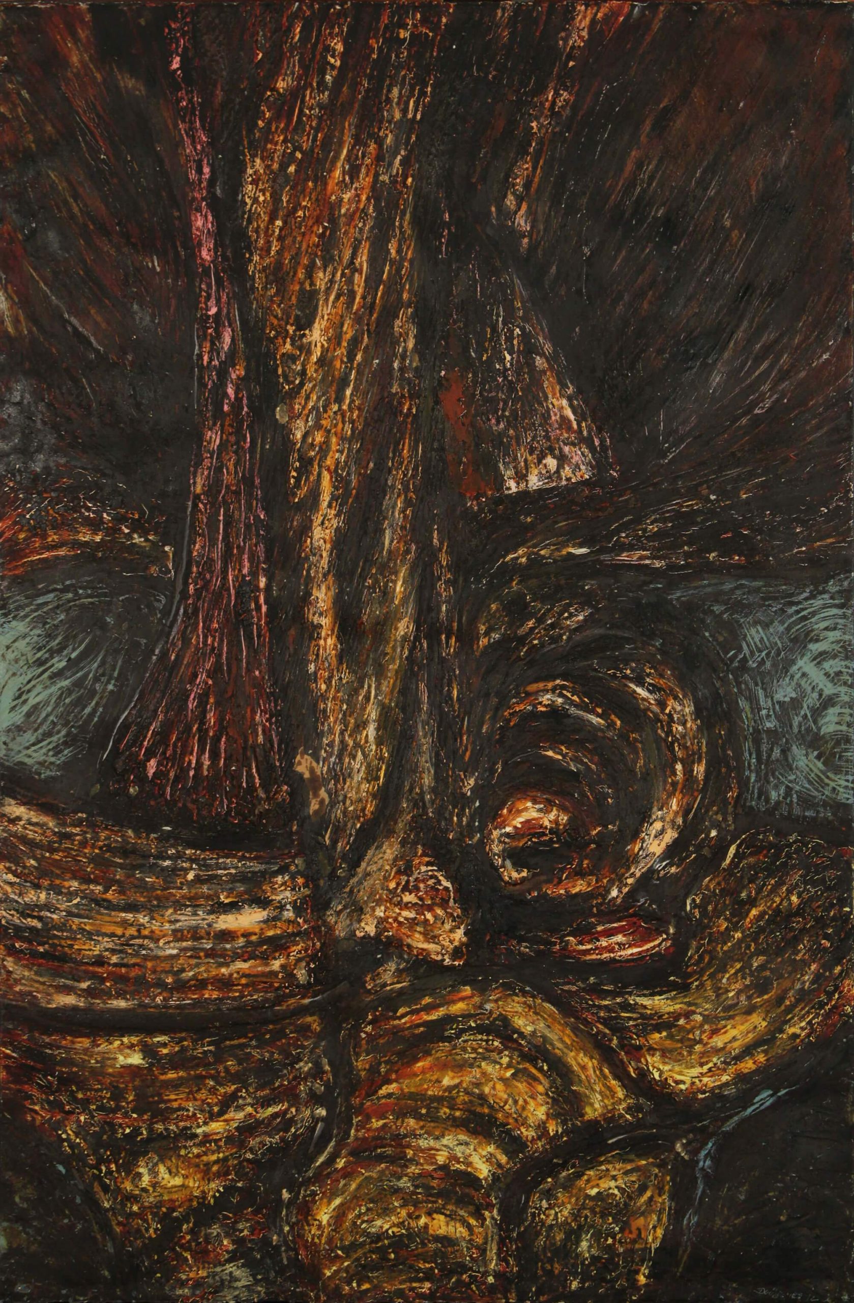 Encaustic painting of abstract representation of the frequency of earth by Diógenes Ballester.