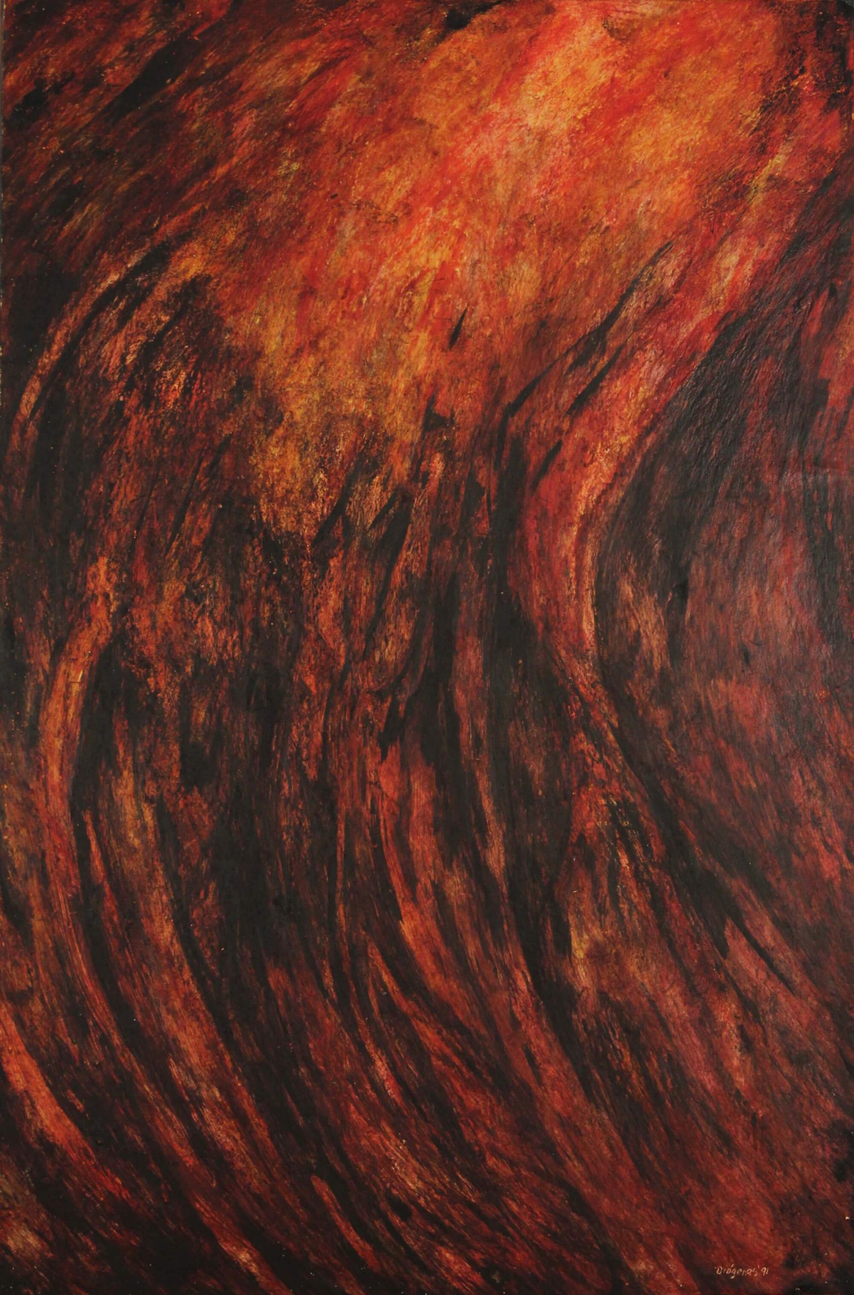 Encaustic painting of abstract representation of the frequency of fire by Diógenes Ballester.