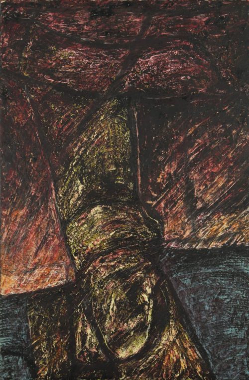 Encaustic painting of abstract representation of the frequency of fire and water by Diógenes Ballester.