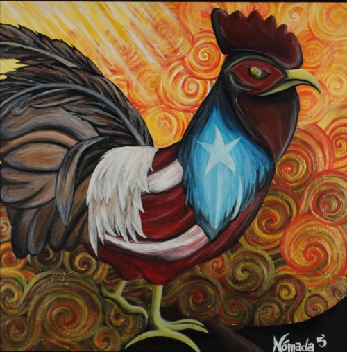 Acrylic painting of colorful roster with Puerto Rican flag painted on the feathers by Nómada