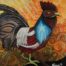 Acrylic painting of colorful roster with Puerto Rican flag painted on the feathers by Nómada