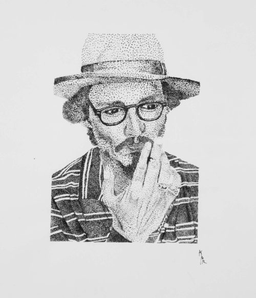 Ink dot drawing of portrait of Johnny Depp by Kevin Mejías