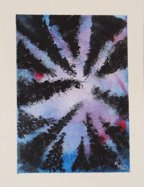 Watercolor painting of purple sky through pine trees by Kevin Mejías