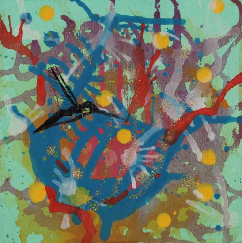 Acrylic painting of semiotic expressionism about humming bird and nectar by Kevo
