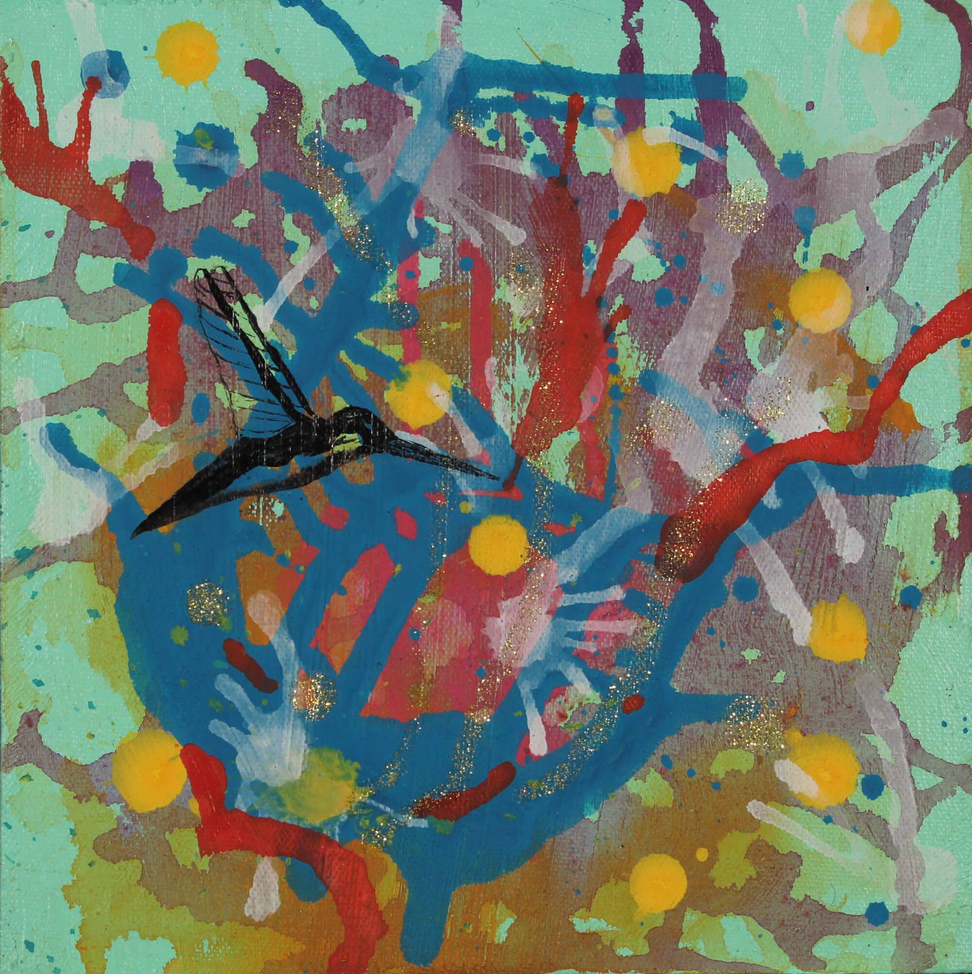 Acrylic painting of semiotic expressionism about humming bird and nectar by Kevo