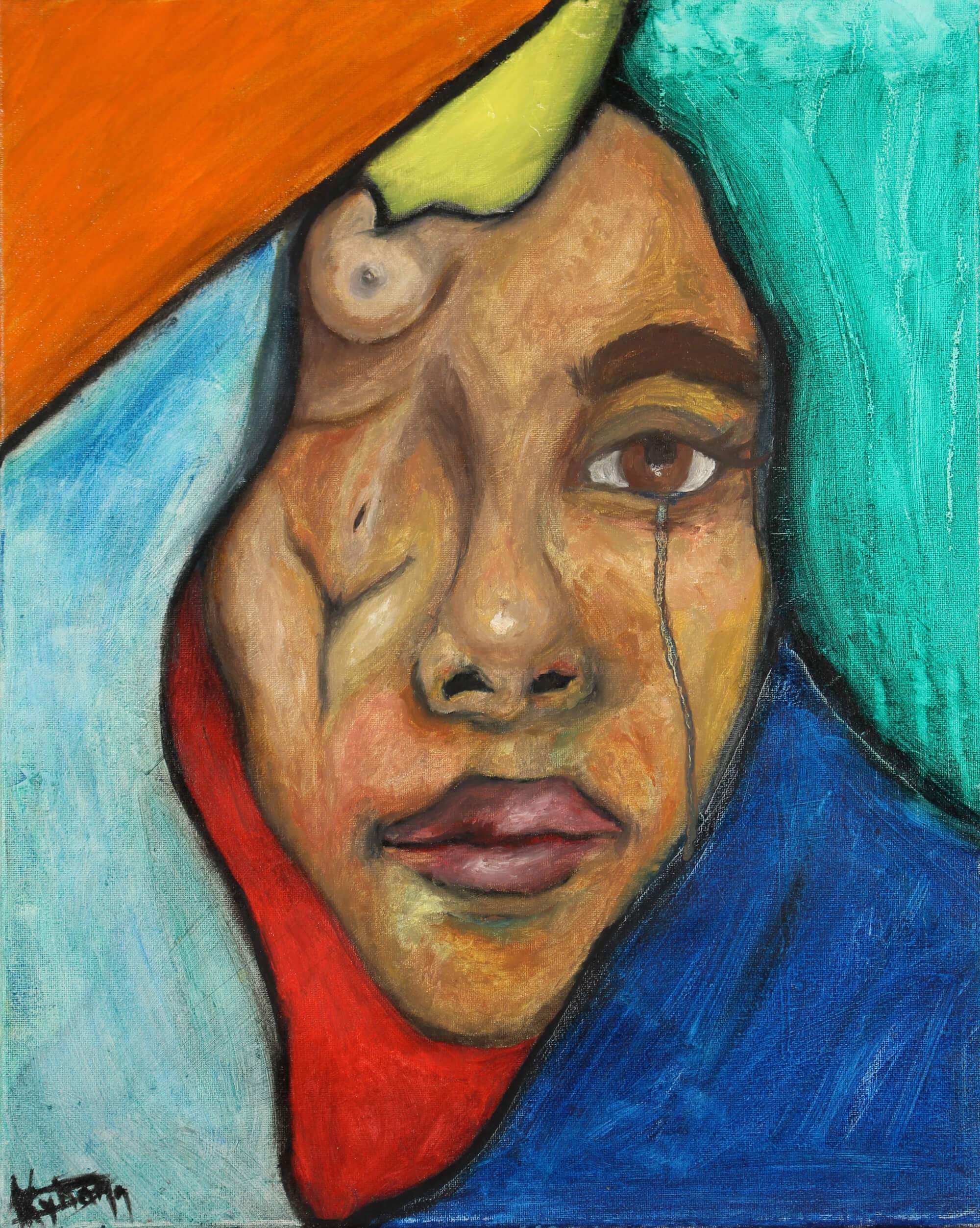 Oil painting of a male face with a nude women on his mind that is shown on the left side of his face by Kyhan Yael