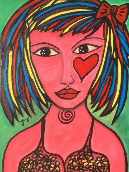 Acrylic painting of portrait of innocent female child with hair tie by Jennifer Jiménez