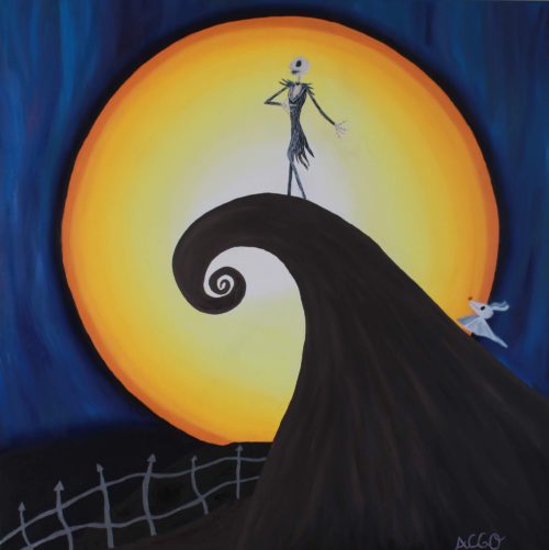 Oil painting of Jack Skellington in front of the moon by a Andrea García