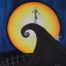 Oil painting of Jack Skellington in front of the moon by a Andrea García