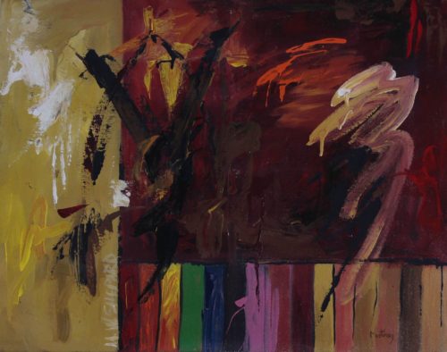Abstract acrylic painting of a representation of the murder of Mathew W. Shepard in Laramie