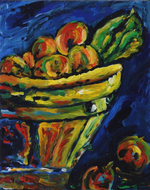 Still life acrylic painting of a basket of colorful unidentifiable fruits on a bluish background by Vicente Ydrach.