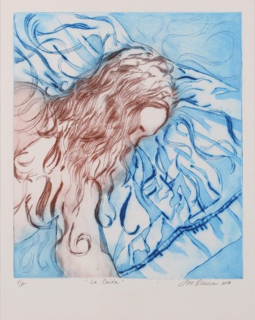 Drypoint print of the fall of women with breast cancer by Susan Olivera