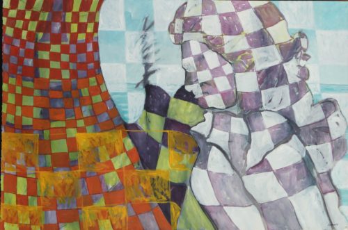 Gouache painting of a spiritual madama with sacred woven cloths by Diógenes Ballester.