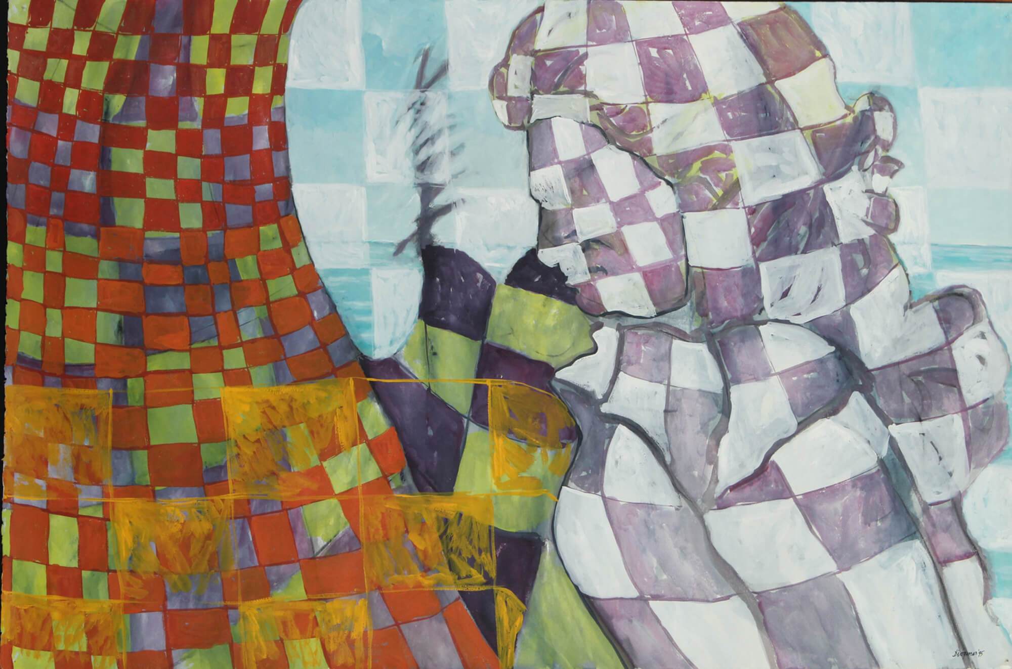 Gouache painting of a spiritual madama with sacred woven cloths by Diógenes Ballester.