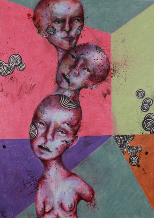 Surreal drawing of three images of a female experimenting marijuana-induced desease (CHS) by Valeria Mercado