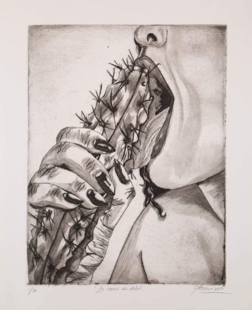 Drypoint print of erotic scene of a woman licking a phallic cactus by Yarie Vega.