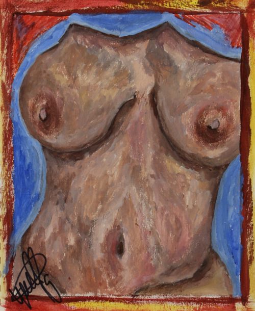 Acrylic painting of the torso of a dark skin