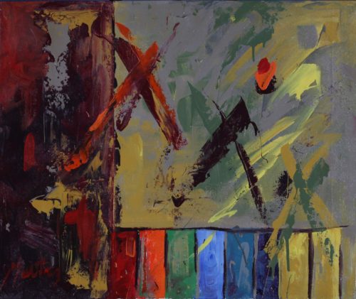 Abstract acrylic painting of a terrace view of Xs of different colors representing vote