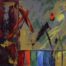 Abstract acrylic painting of a terrace view of Xs of different colors representing vote