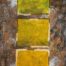 Abstract acrylic painting of three yellow squares superimposed over a brown terrain representing country colors by Yarie Vega