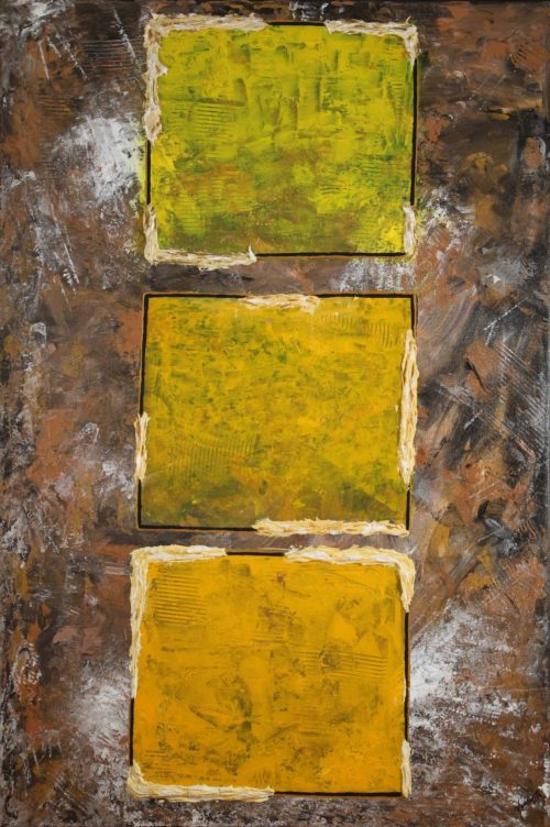 Abstract acrylic painting of three yellow squares superimposed over a brown terrain representing country colors by Yarie Vega