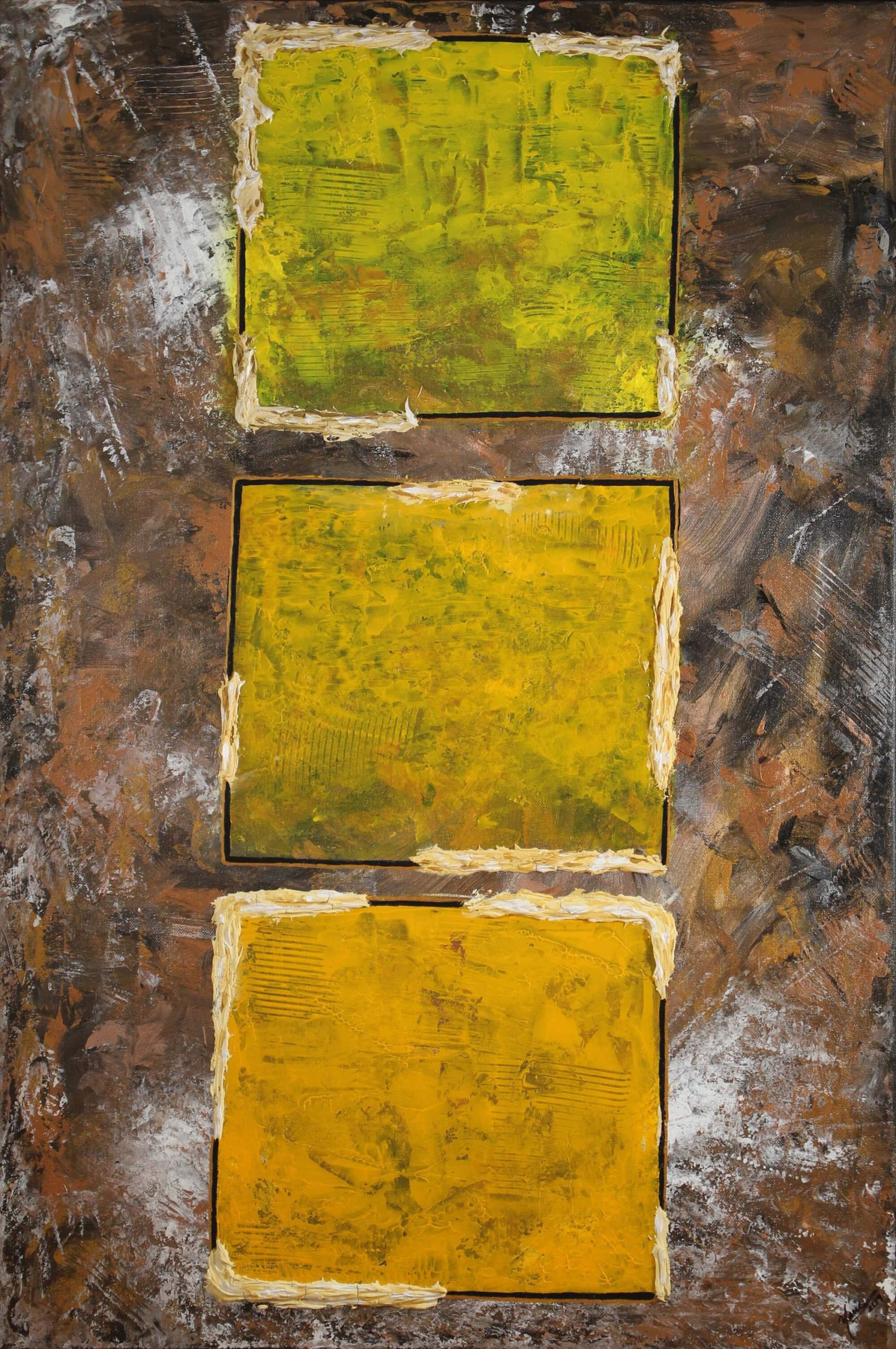Abstract acrylic painting of three yellow squares superimposed over a brown terrain representing country colors by Yarie Vega