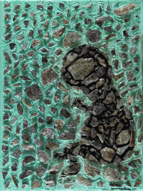 Mixed media of rocks forming and embryo over fluorescent paste by Zulmarie Vélez Acevedo