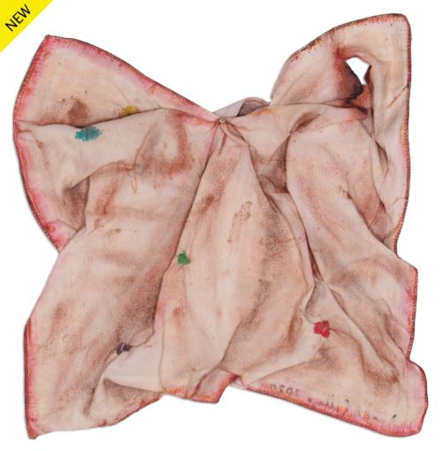 Mixed media of cloth with butterfly-like shape with a perforation at its top right and stitches on four other perforations