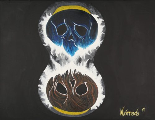 Painting of hourglass made out of skulls depicting doomsday on earth by Nómana