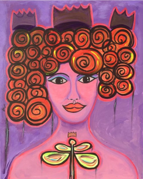 Acrylic painting of portrait of female with four crowns and a dragonfly by Jennifer Jiménez