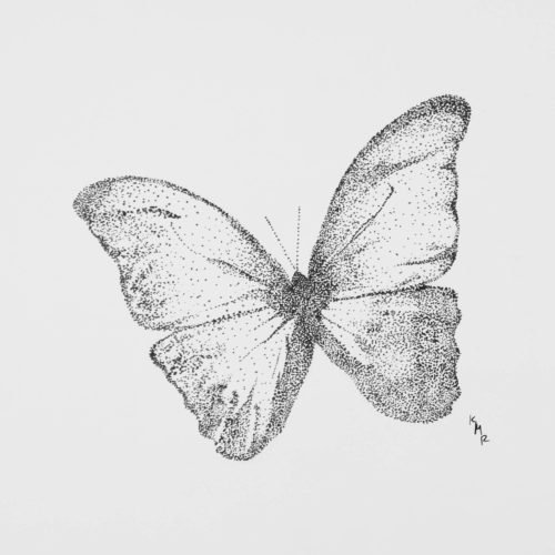 Ink dot drawing of newly born butterfly by Kevin Mejías