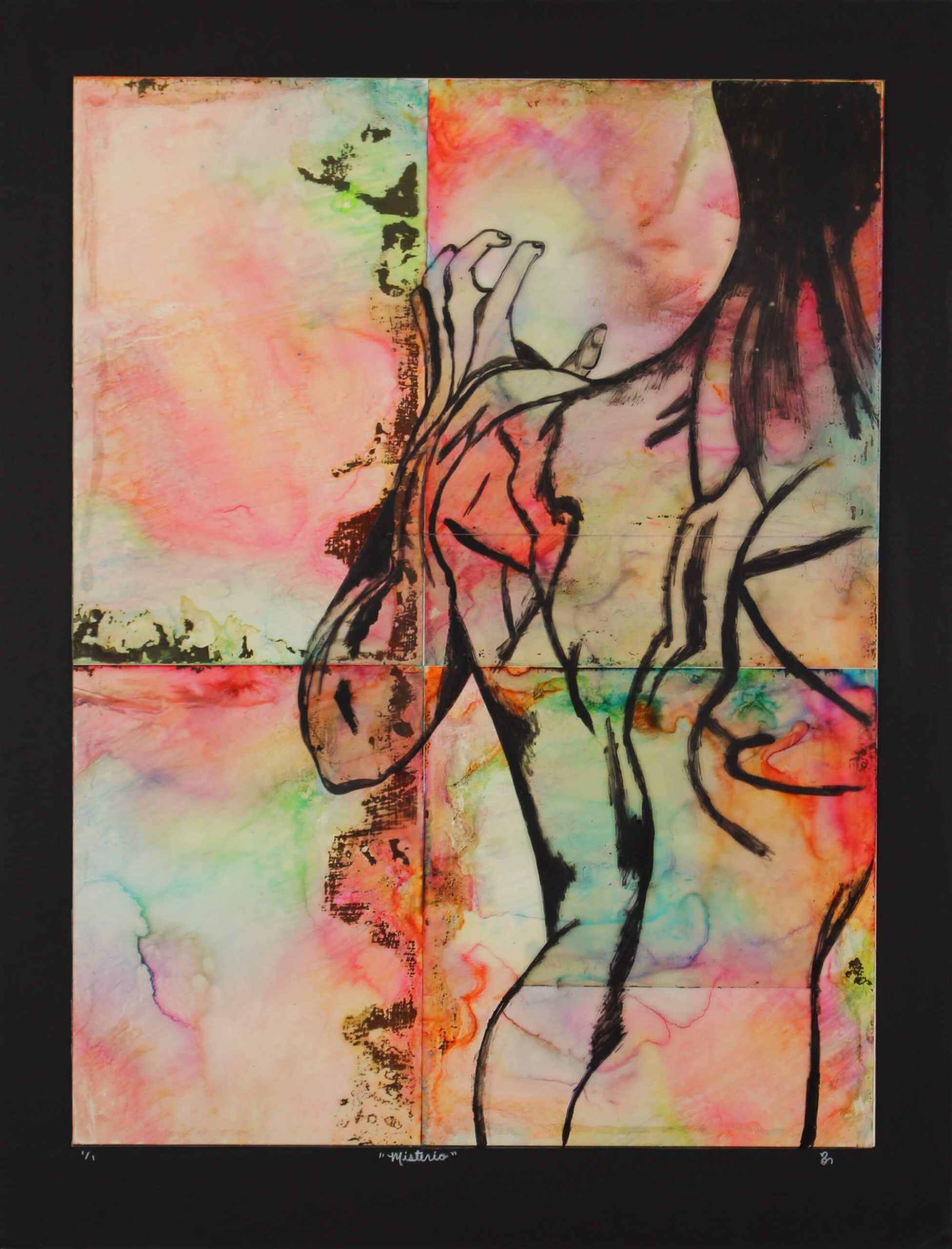 Acrylic and ink painting of back torso of a mystery man by Nichole Ortiz
