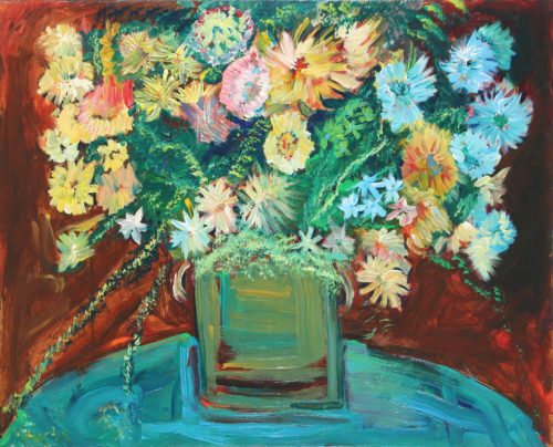 Vicente Ydrach's version of a still life of flowers on a base on top of a round bluish table.