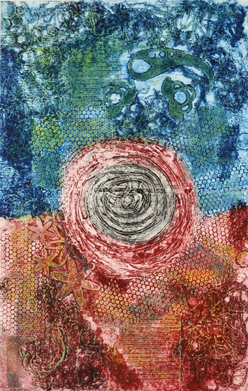 Abstract collagraph print of the  mood swings of a breast cancer patient by Susan Olivera
