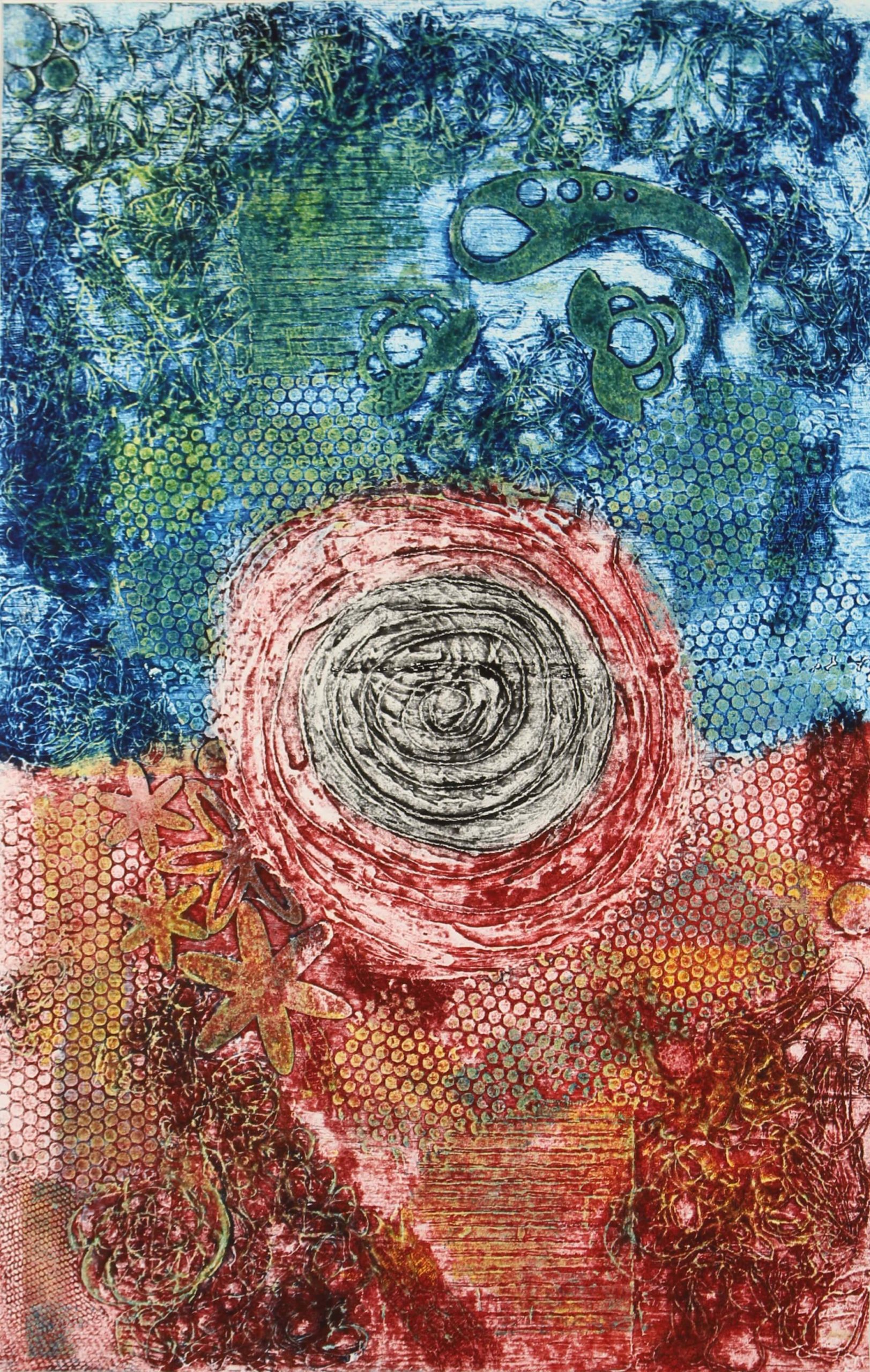 Abstract collagraph print of the mood swings of a breast cancer patient by Susan Olivera