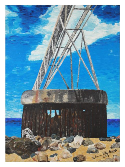 Print of an old dock with blue sea and sky on the background by Zulmarie Vélez Acevedo.