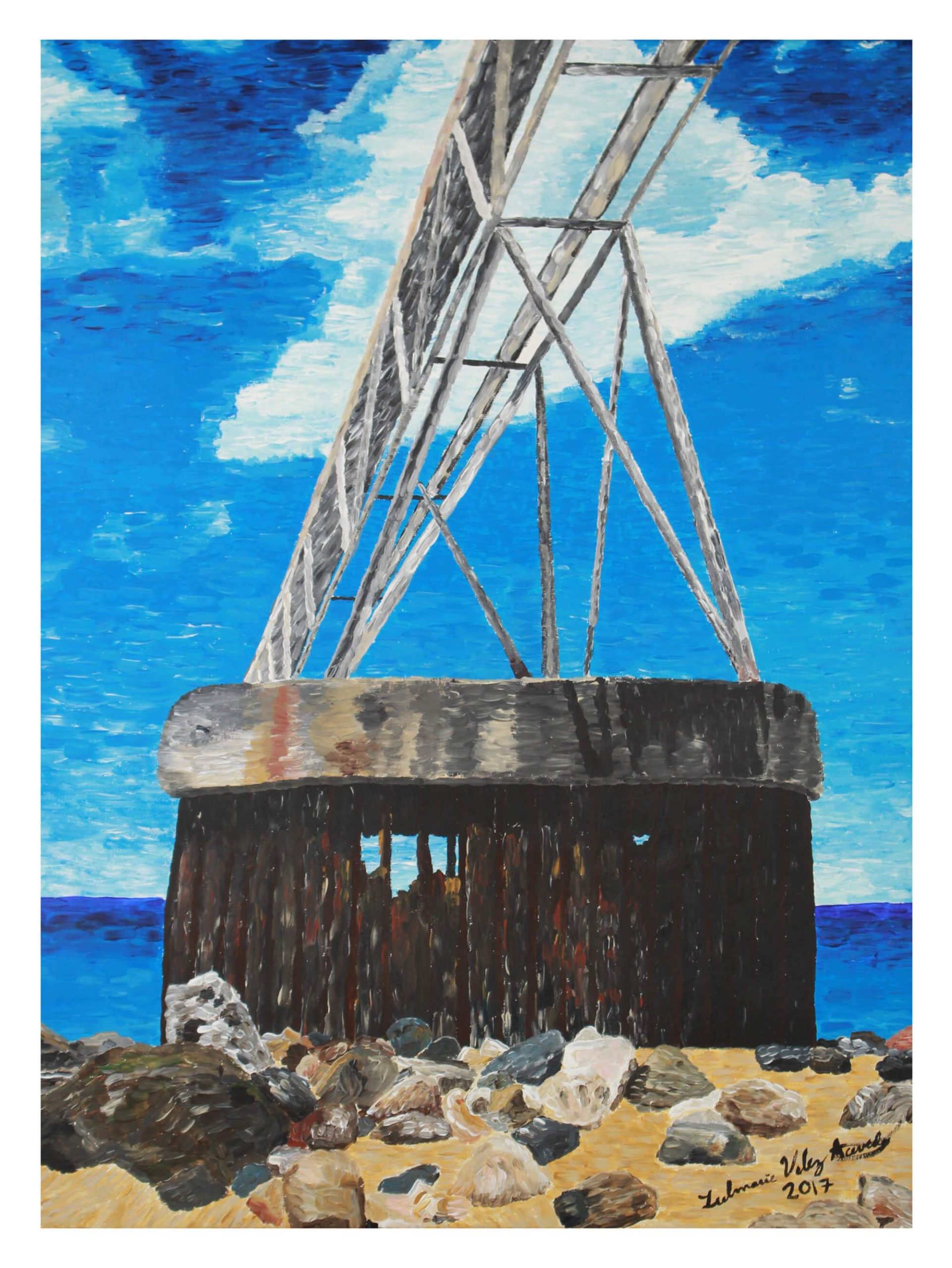 Print of an old dock with blue sea and sky on the background by Zulmarie Vélez Acevedo.