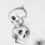 Watercolor painting of two levitating skulls symbolizing death by Nichole Ortiz
