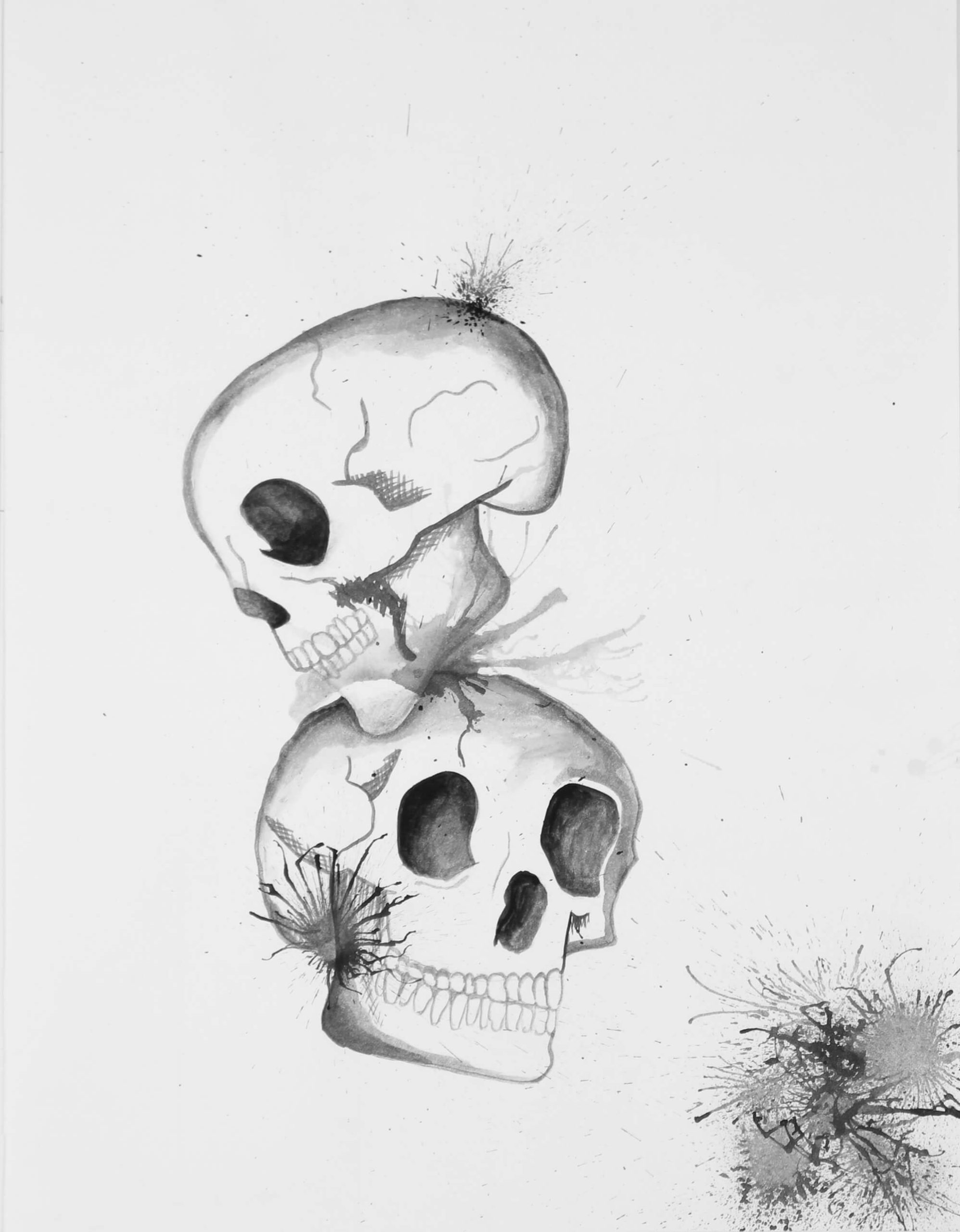 Watercolor painting of two levitating skulls symbolizing death by Nichole Ortiz