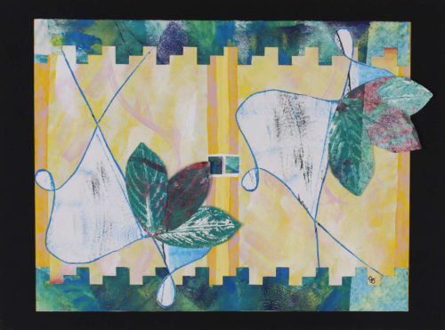 Abstract monotype print of identical worlds by Nichole Ortiz