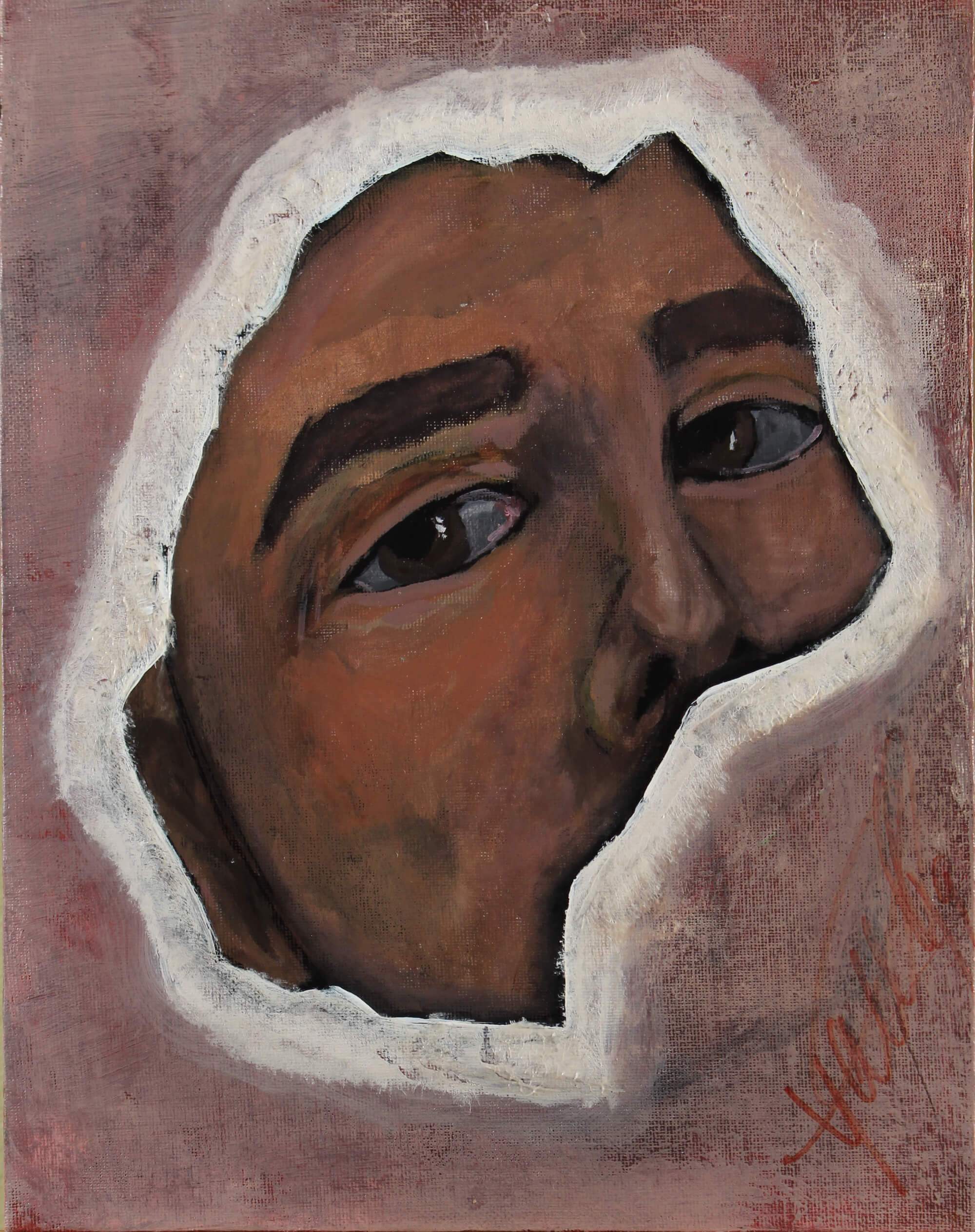 Acrylic painting of a man's face seen through an enclosure that hides his mouth as a symbol of a muted person by Kyhan Yael