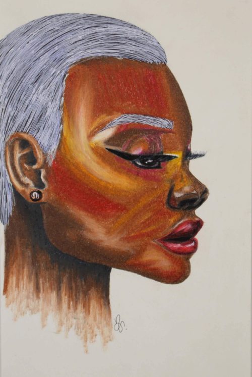 Prismacolor drawing of black woman head with white hair by Nichole Ortiz