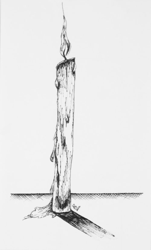 Ink drawing of burning candle symbolizing a dark night by Nichole Ortiz
